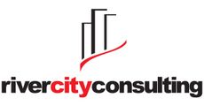 The logo for rivercity consulting is black and red with a red arrow.