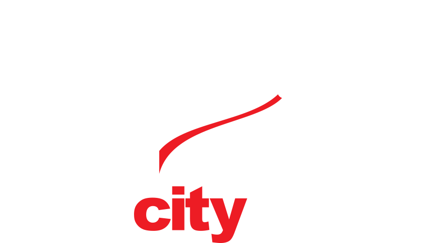 A logo for a city with a red arrow coming out of it.